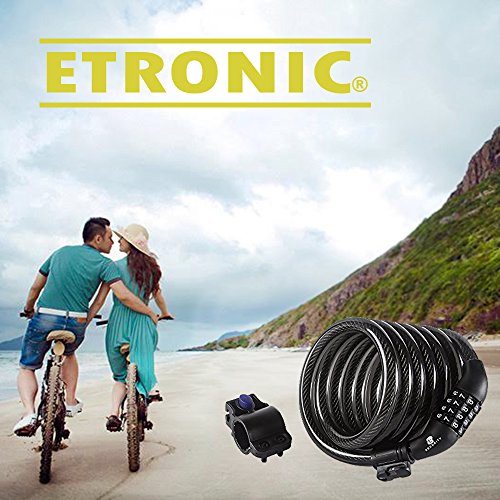 ETRONIC Security Bike Lock M7 Self Coiling Resettable Combination Lock Bike Cable Lock, 6-Feet x 1/2-Inch