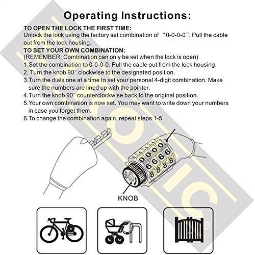 ETRONIC Security Bike Lock M6 Self Coiling Resettable Combination Lock Bike Cable Lock, 6-Feet x 3/8-Inch