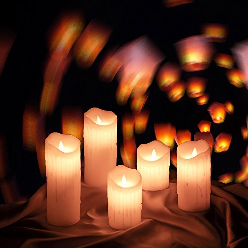 ETRONIC Real Wax 3D Dancing Flame Tear Wave Shaped Flickering Flameless Battery Powered LED Pillar Dripless Motion Candle, Ivory, for wedding, Paries Events Romantic Decorations